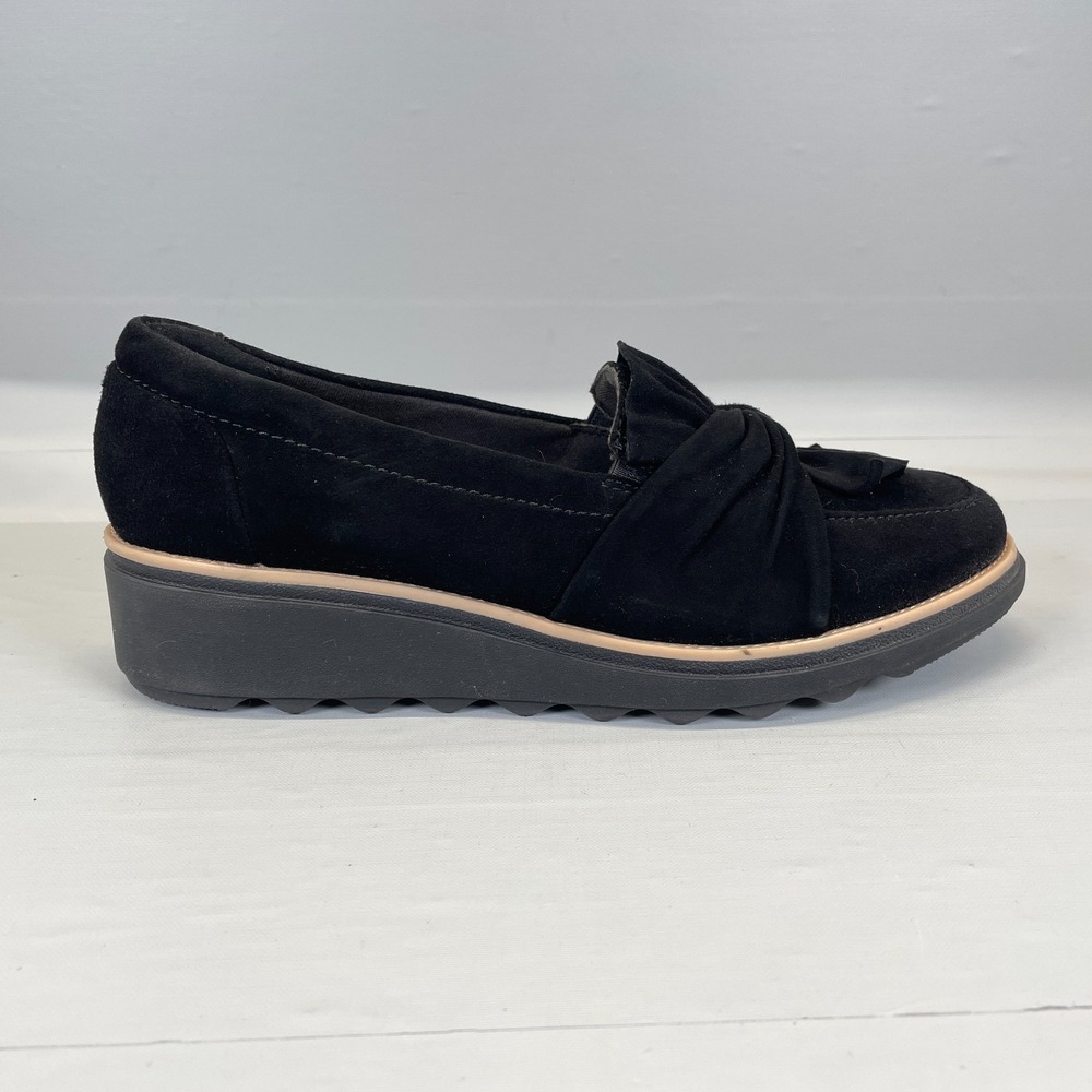 Clarks Sharon Dasher Loafers Womens Size 8 M Black Suede Comfort Wedge Shoes